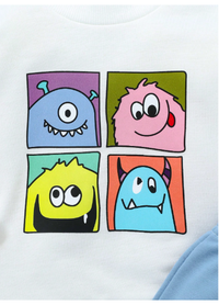  Newborn Baby Casual Cute Funny Colorful Cartoon Monster Graphic Round Neck Long Sleeve Top And Pants