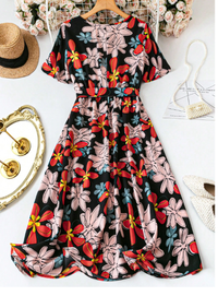 Plus Size Women Boho Ruffle Sleeve Overlap Collar Floral Casual Short Sleeve Dress Carousel 1
