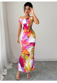  1pc Oblique Shoulder Waist Cinched Fitted Floral Print Dress Carousel 4