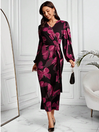 Women's V-Neck Long Sleeve Butterfly Print Casual Long Dress Carousel 3