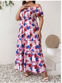 Plus Size Summer Holiday Comfortable Floral Random Printed Loose A-Line Off-Shoulder/Crew Neck Dress 
