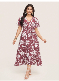 Plus Size Women Floral Print Ruffle Sleeve  Carousel 4