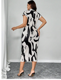 Plus Size Women High Collar Tight Stretch Black & White Floral Print Waist Ruched Bodycon Mini Dress