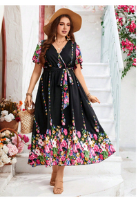 Plus Size Women Boho Floral Print Ruffle Butterfly Sleeve Self-Tie Woven  Carousel 4