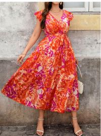 Plus Size Women Floral All-Over Print V-Neck Casual Holiday Ruffle Hem Midi Dress