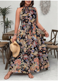 Plus Size Apricot Bohemian Floral Print Halter Maxi Loose 
