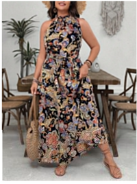 Plus Size Apricot Bohemian Floral Print Halter Maxi Loose  Carousel 3
