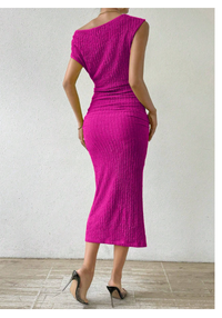 Women's Solid Color Asymmetric-Neckline Pleated Summer Dress Maxi Women Outfit