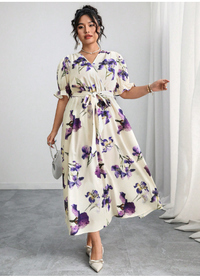 Plus Size V-Neck Puff Sleeve Waist Tie Romantic Floral Print A-Line Dress Carousel 3