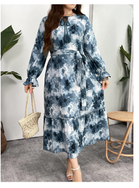 Plus Size Summer Tie-Dye Floral Printed Long Sleeve Bohemian Dress