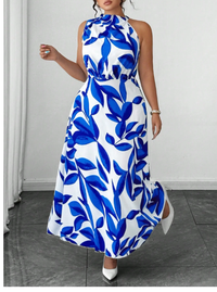 Plus Size Women's Sleeveless V-Neck Solid Leaf Print Ruffle Hem Waist Cinched Maxi Dress Carousel 5