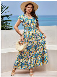 Plus Size Maxi Dress Floral Print Dress Ruffle Sleeves V-Neck Waist Dress Long Dress  Carousel 6