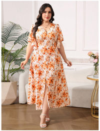 Plus Size Women's V-Neck Orange Floral Print Slim Fit Long Dress Carousel 4