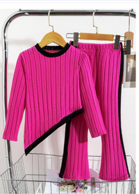 2pcs/Set Young Girl Colorblock Ribbed Fabric Top And Side Colorblock Pants Set