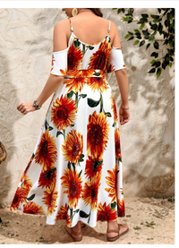 Plus Size Women Sunflower Print Adjustable Spaghetti Strap Open Shoulder Slit Carousel 1