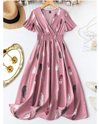 Plus Size Summer Casual Feather Allover Print Dress With Pleated Waist Maxi Women Outfit