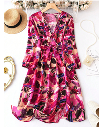 Plus Allover Print Lantern Sleeve Belted Dress