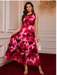 Plus Size Women Floral Print Ruffle Hem Asymmetrical Shoulder Dress Carousel 4