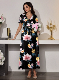 Women's Long V-Neck Floral Print Flounce Sleeve Tie Waist Ruffle Hem Elegant Carousel 4