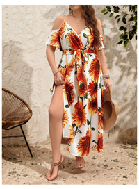 Plus Size Women Sunflower Print Adjustable Spaghetti Strap Open Shoulder Slit Carousel 4