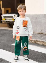 Young Boy Slogan Printed Crew Neck Long Sleeve Sweatshirt And Sweatpants Casual Suit Carousel 3