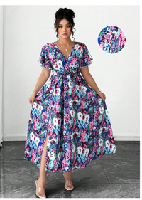 Plus Tropical Print Butterfly Sleeve Dress Maxi Women Outfit