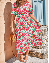 Plus Size Women Floral Print V-Neck Short Sleeve Midi Dress Carousel 3