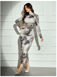 Women's Tie-Dye Print Stand Collar Long Sleeve Pleated Fitted Long Dress  Carousel 6