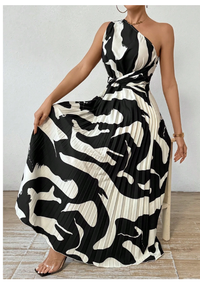 Women'S Pattern Printed One Shoulder Sleeveless Dress With Pleated Hem Carousel 5