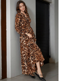Women Leopard Print V-Neck Patchwork Waist Cinched Lantern Sleeve Dress