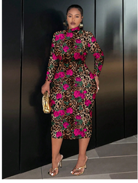 Plus Size Long Sleeve Round Neck Fitted Long Floral Leopard Print Dress Carousel 3