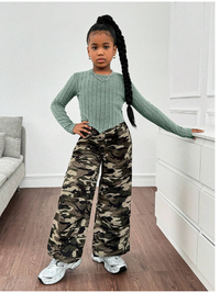  Girl Tween Girl Casual Asymmetrical Hem Long Sleeve Ribbed Tight T-Shirt & Camouflage Print Loose Cargo Pants 2 Pieces Set Carousel 3