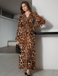 Women Leopard Print V-Neck Patchwork Waist Cinched Lantern Sleeve Dress