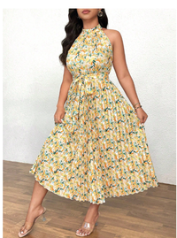 Plus Size Women Floral Print Halter Neck A-Line Pleated Hem Dress Carousel 3