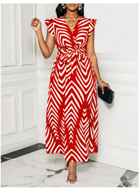  Women's V-Neck Waist Gathered Swing Dress