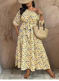 Plus Size Women Vacation Ditsy Floral Asymmetric Neckline Lantern Sleeve Dress Carousel 4