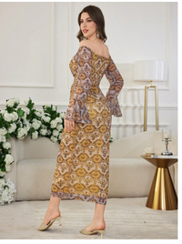 Women's Long Pattern Ruched Off Shoulder Mesh Slim-Fit Elegant Charm Dress Carousel 1