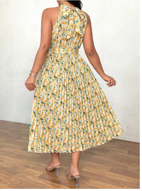 Plus Size Women Floral Print Halter Neck A-Line Pleated Hem Dress Carousel 1
