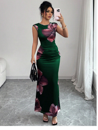 Round Neck Sleeveless Floral Print Minimalist Elegant Women Dress