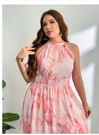 Plus Size Elegant Casual Beach Vacation Pink All-Over Print Halter Gathered Waist High Slit Dress Carousel 6