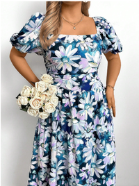 Plus Size Women Fashion All-Over Floral Print Square Neck Ruched Short Sleeve Dress Carousel 3