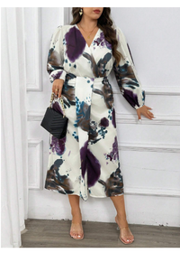 High Slit Pleated Print Dye Unique Wrap V-Neck Long Sleeve Split Hem Midi Dress Set