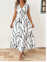Woven Print Flared Sleeve Fitted Women Long Dress Carousel 4