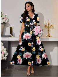 Women's Long V-Neck Floral Print Flounce Sleeve Tie Waist Ruffle Hem Elegant Carousel 5