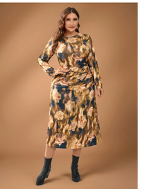 Plus Size Women's  Knitted Pattern Pleated Pullover Long Sleeve Dress Carousel 3