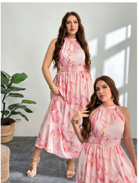 Plus Size Elegant Casual Beach Vacation Pink All-Over Print Halter Gathered Waist High Slit Dress Carousel 5