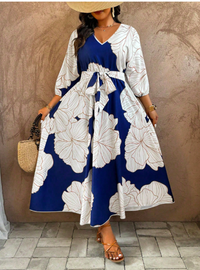 Plus Size Women Floral Print V-Neck Lantern Sleeve Elegant Carousel 2