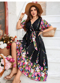 Plus Size Women Boho Floral Print Ruffle Butterfly Sleeve Self-Tie Woven  Carousel 3