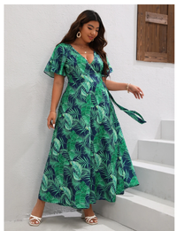 Plus Tropical Print Butterfly Sleeve Knot Side Dress Carousel 5
