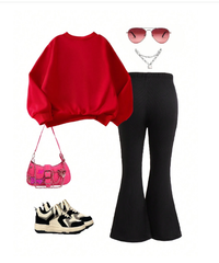 2pcs Young Girls Heart Print Crew Neck Long Sleeve Sweatshirt & Black Flared Pants Set Carousel 2